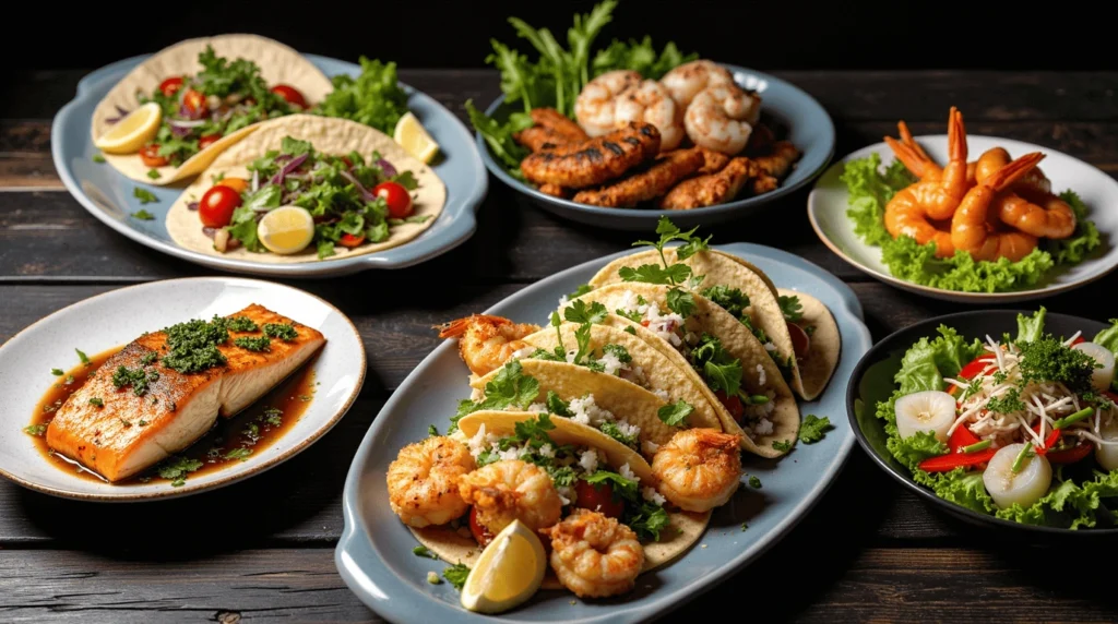 Delicious fish food recipes featuring grilled salmon, crispy fish tacos, and seafood appetizers on a beautifully arranged platter
